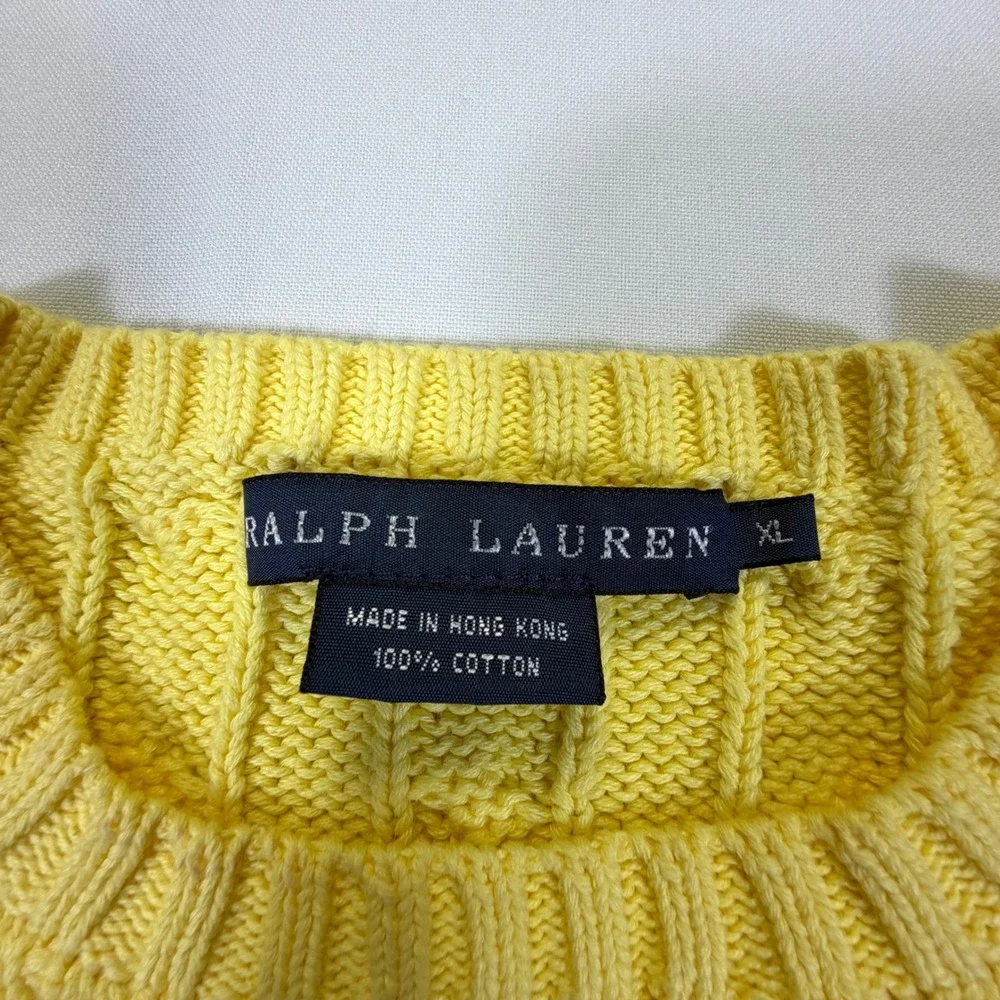 Ralph Lauren Yellow Cable Knit Cotton Sweater XL Blue Pony Crew Neck Long Sleeve